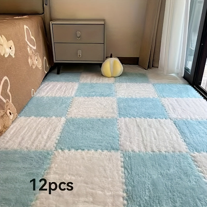 12pcs Square Flower Pattern Plush Area Rugs Set Washable Non-Slip Low Pile Polyester EVA Bedroom Living Room Decor