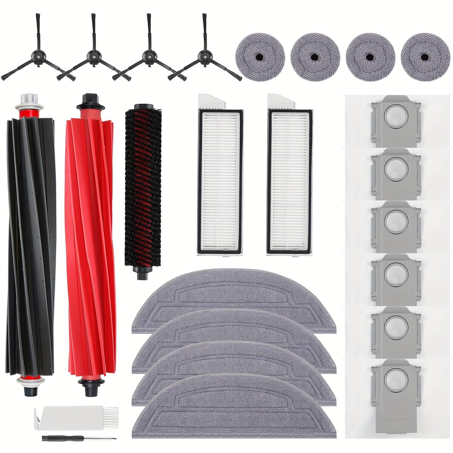 Roborock S8 Max/MaxV Ultra Robot Tozalash Vositalari To'plami, 24 dona to'plamga asosiy cho'tka, aylanuvchi cho'tka, 2 ta HEPA filtri, 4 ta yon cho'tka, 4 ta mopa mato, chet mop mato, 6 ta chang sumkasi kiradi -