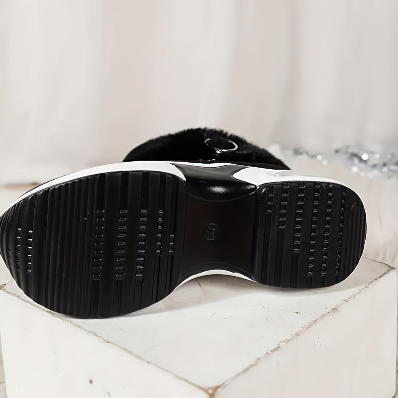 Women's Fleece-Lined Ankle Boots with Plush Collar, Zipper Closure, Traction, Black Brown Grey