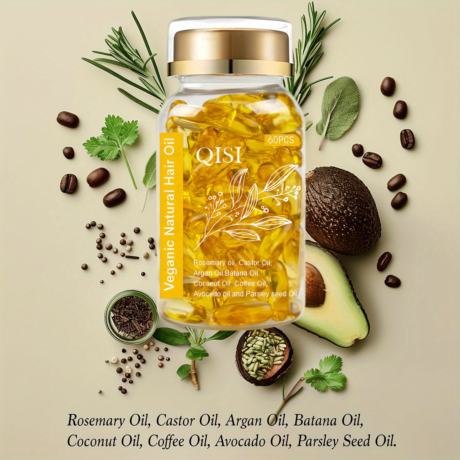 60 ta kapsula tabiiy soch essensiyasi, rozmarin, jojoba yog'i, argan yog'i va kokos yog'i bilan. Veganga asoslangan formula barcha soch turlarining ko'rinishini kuchaytiradi va yaxshilaydi.