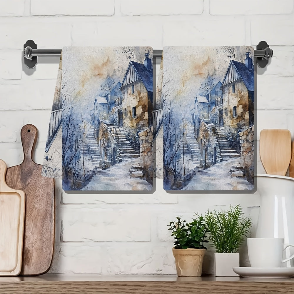Juego de 2 toallas de cocina ultra suaves escena invernal pintura acrílica 40x60 cm
