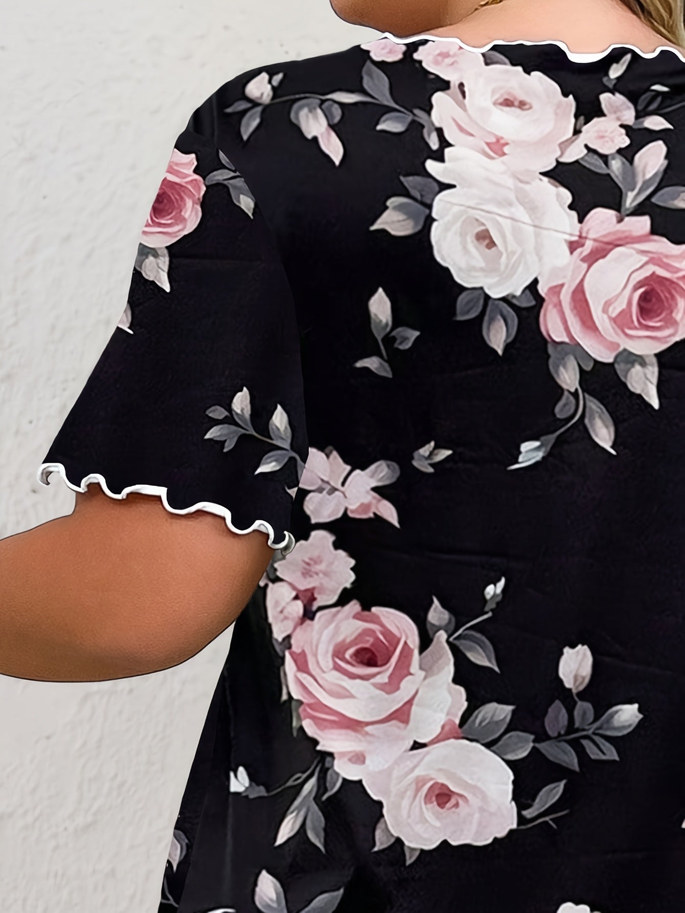 Women's Floral Night Dress with Crew Neck Lettuce Trim All-Season Knit Fabric