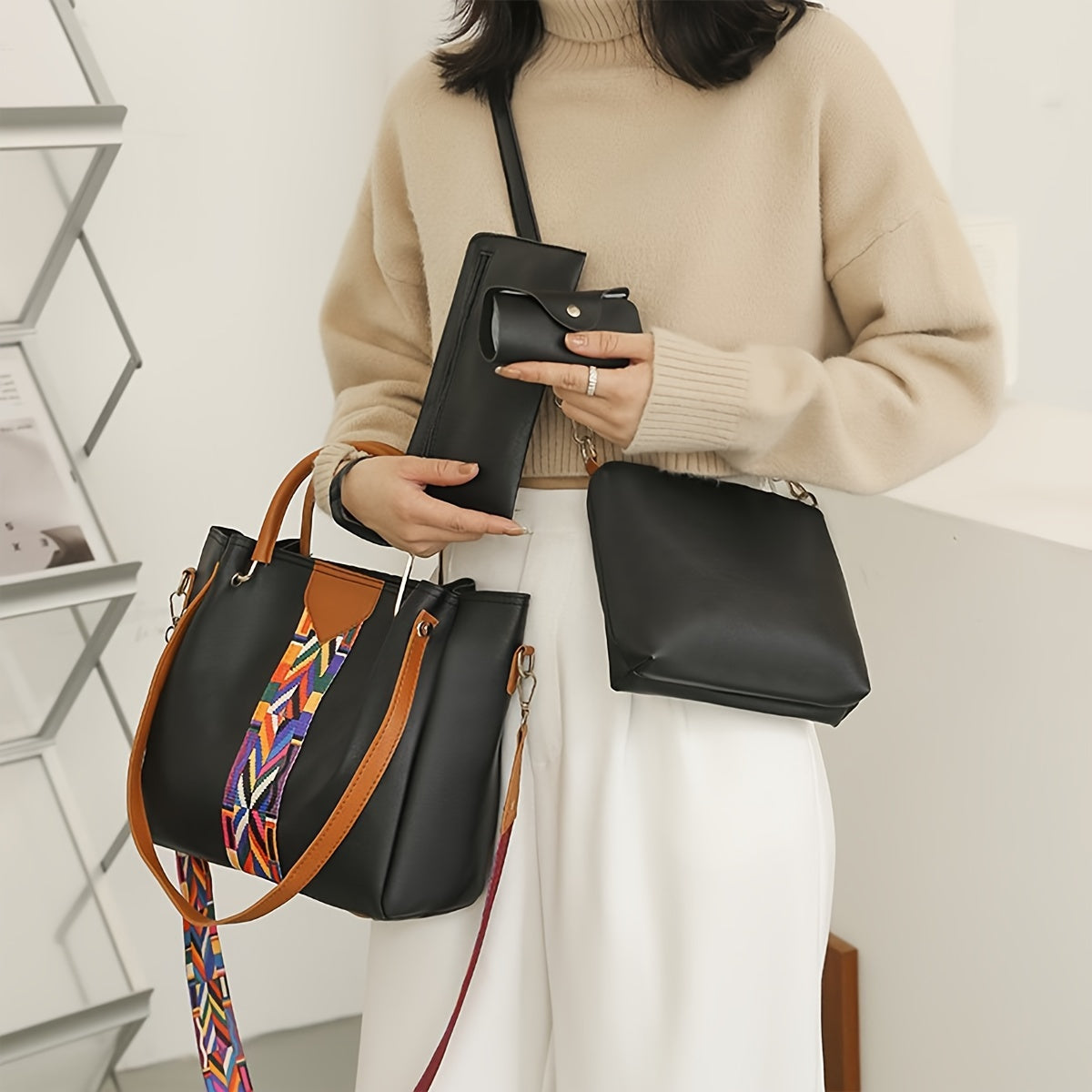 European and American Fashion Multi-Purpose Bag Set with Four Bags in Black Polyester PU