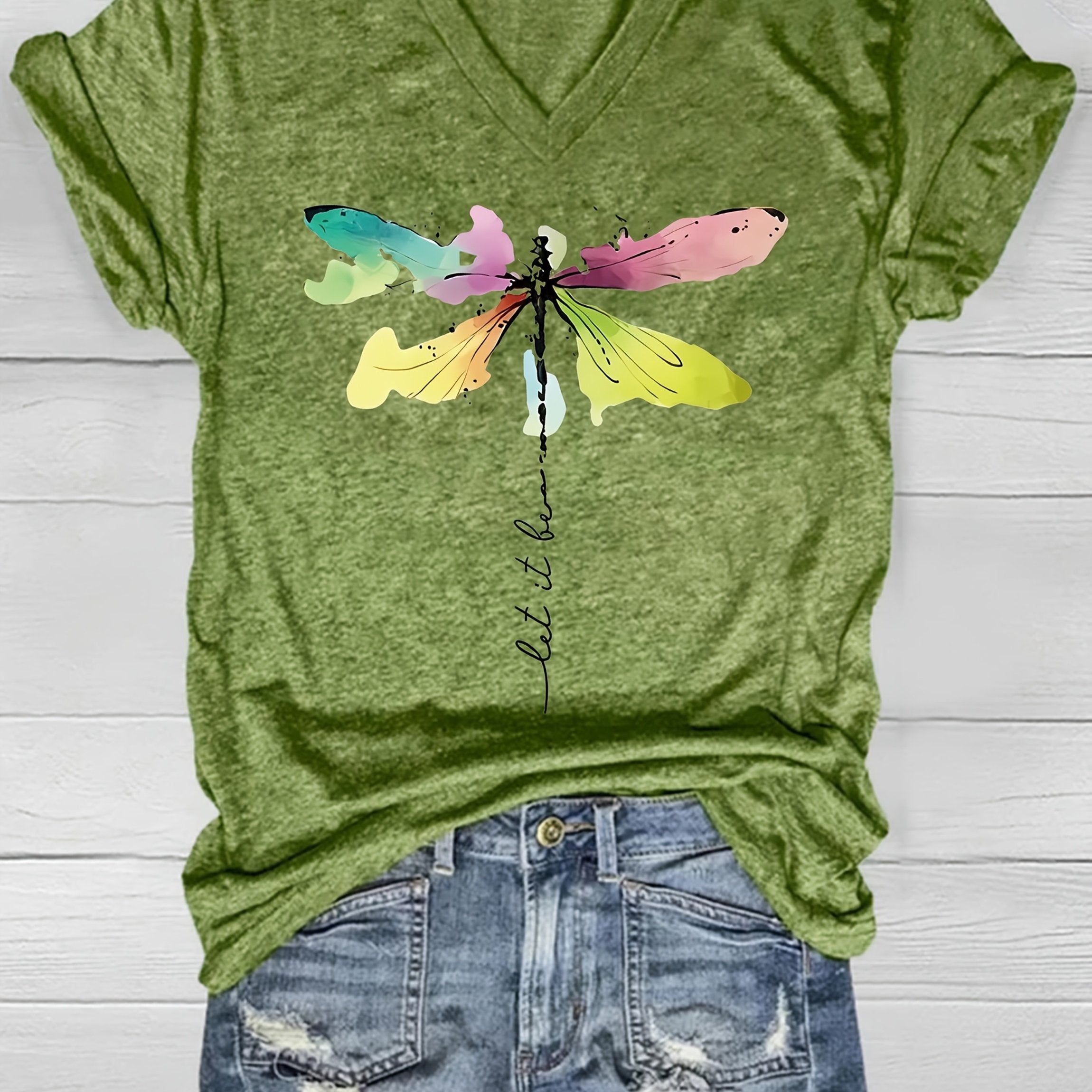 Women's V-Neck Short Sleeve T-Shirt with Vibrant Dragonfly Print Lightweight Casual Top