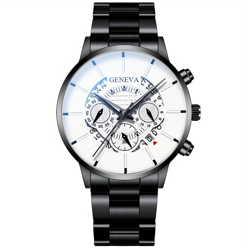 Men's Quartz Watch Stainless Steel Band Calendar Feature