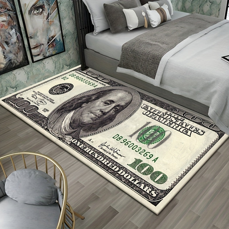 Non-Slip Runner Rug with $100 Bill Design, Machine Washable Polyester, Anti-Skid Backing