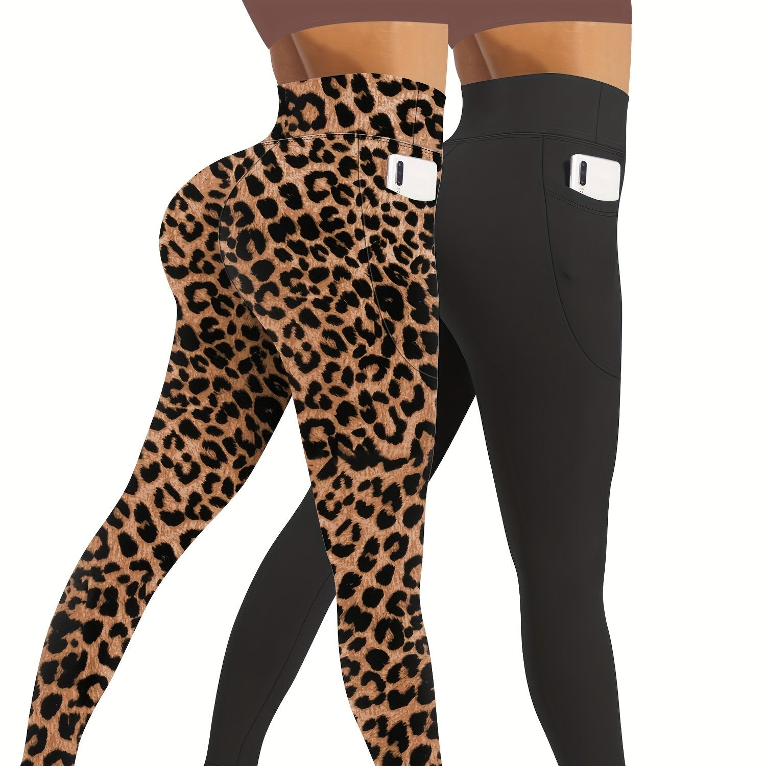 Women Yoga Pants 2pcs Large Size High-Waisted Tummy Control with Pockets