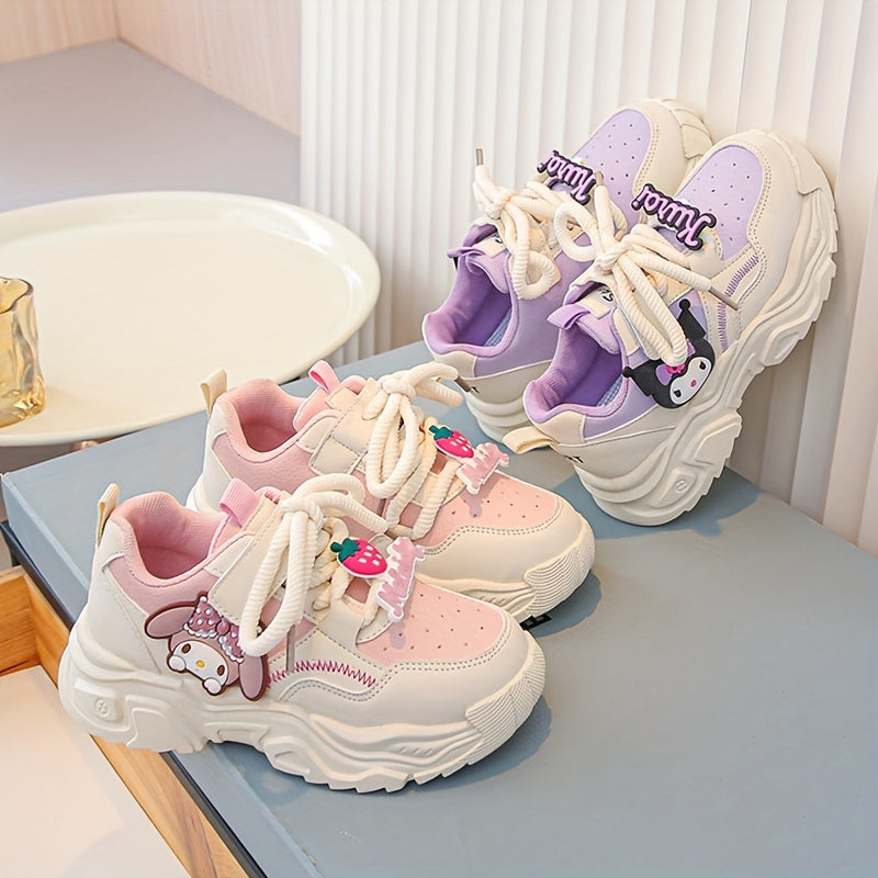 Girls' Pink and White Cartoon Sneakers with Easy-On Closure for Casual Outdoor Wear