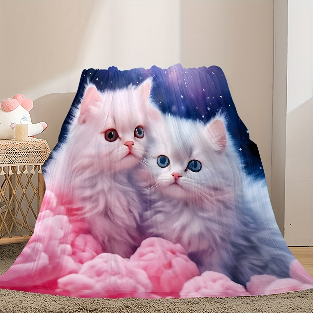 Geometric Patterned Flannel Throw Blanket with Cat Design Machine Washable Stain-Resistant All-Season Soft