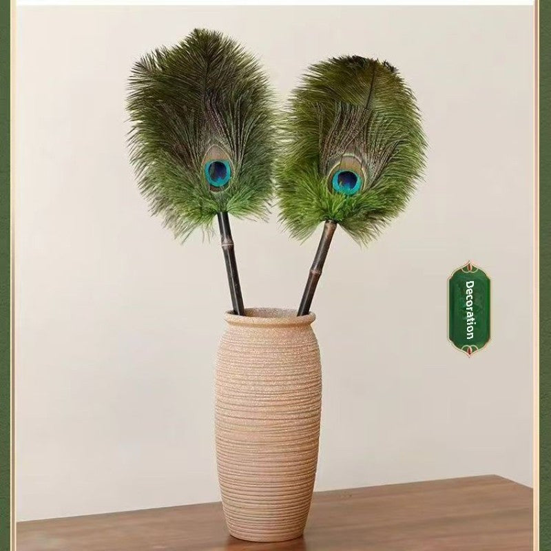 Vintage Feather Duster with Ostrich and Peacock Feathers Anti-Static Cleaning Tool
