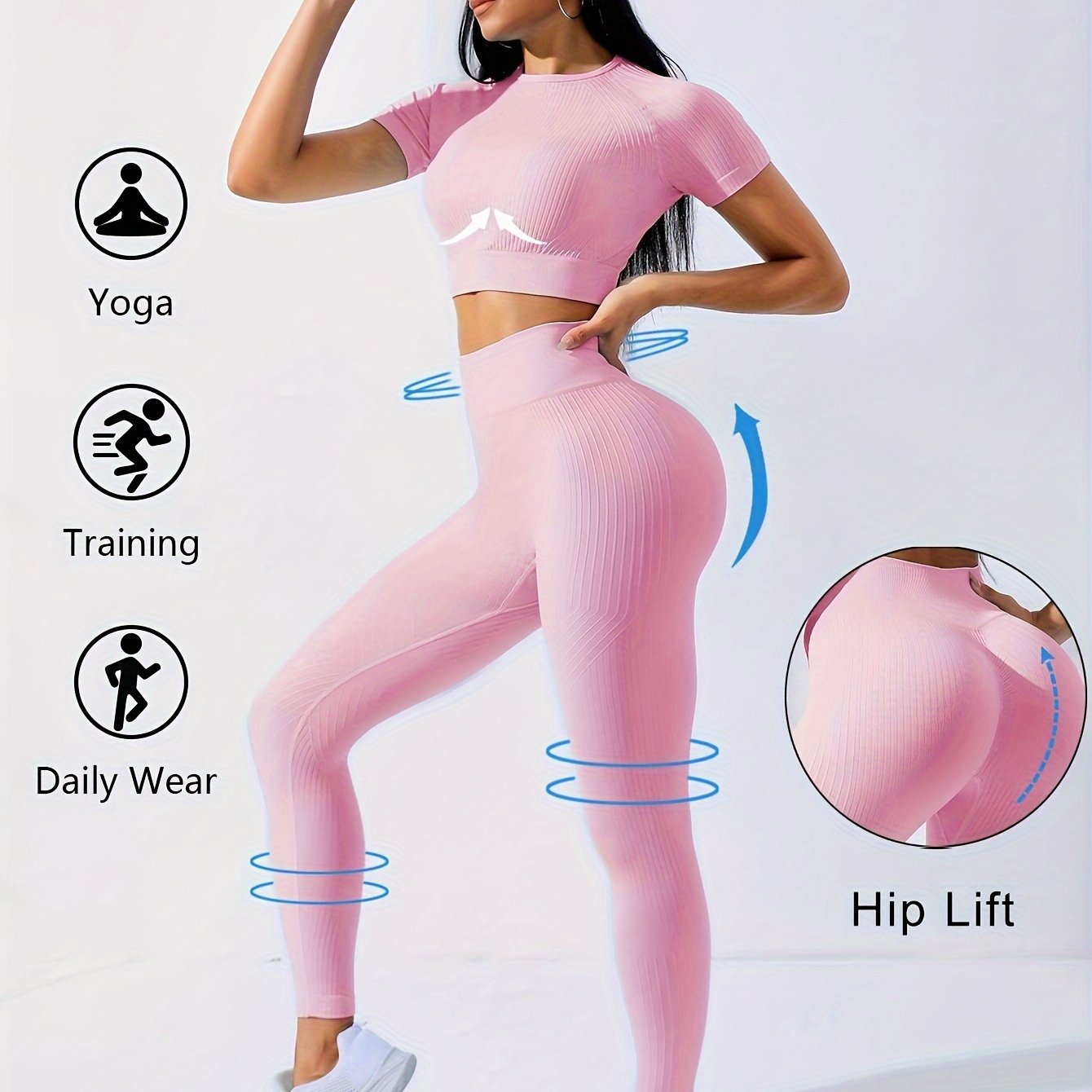 Ayollar uchun 2 ta sport to'plami: yoga bluzkasi va sport legginslari.