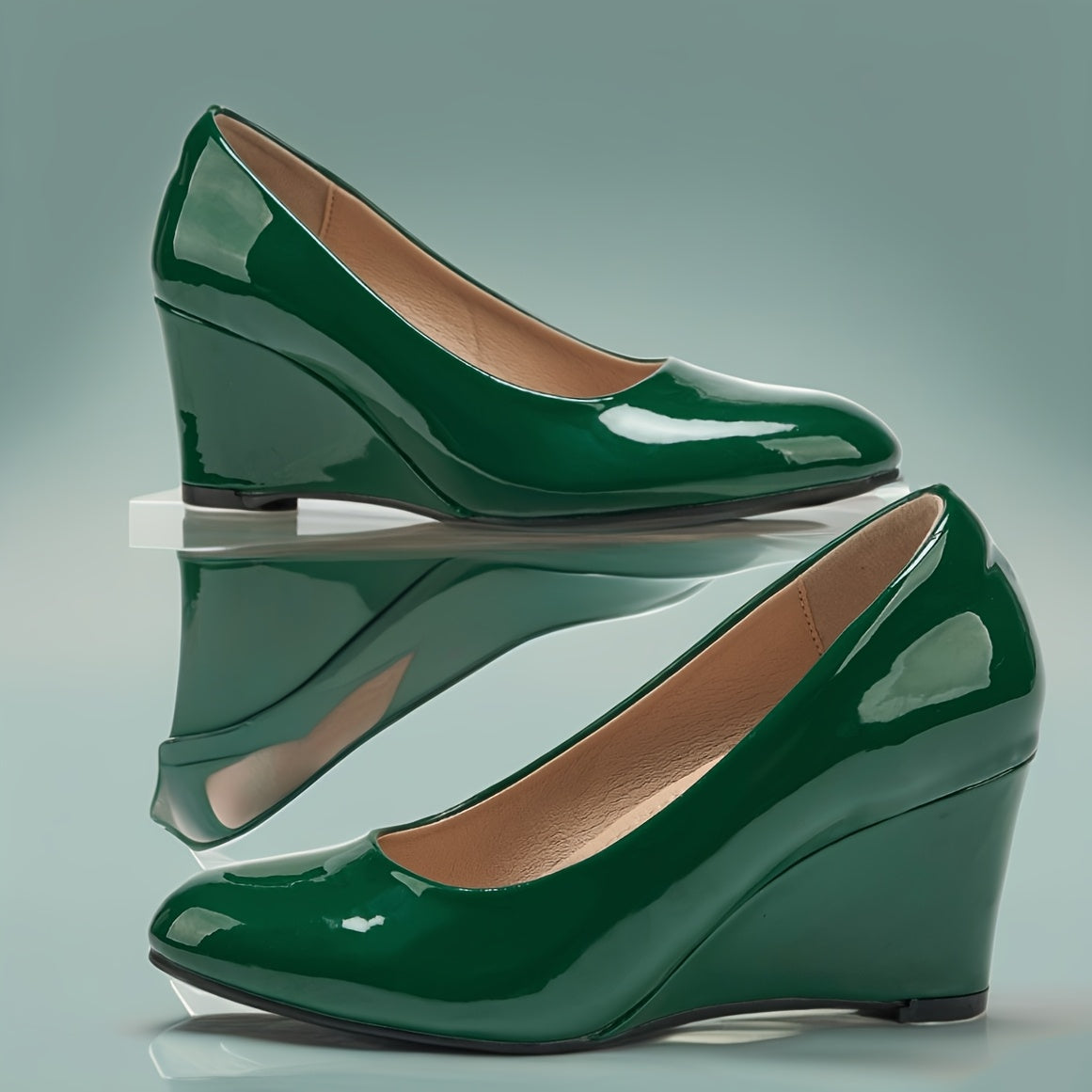Women's Green Glossy Round Toe High Heel Pumps for Office and Formal Events