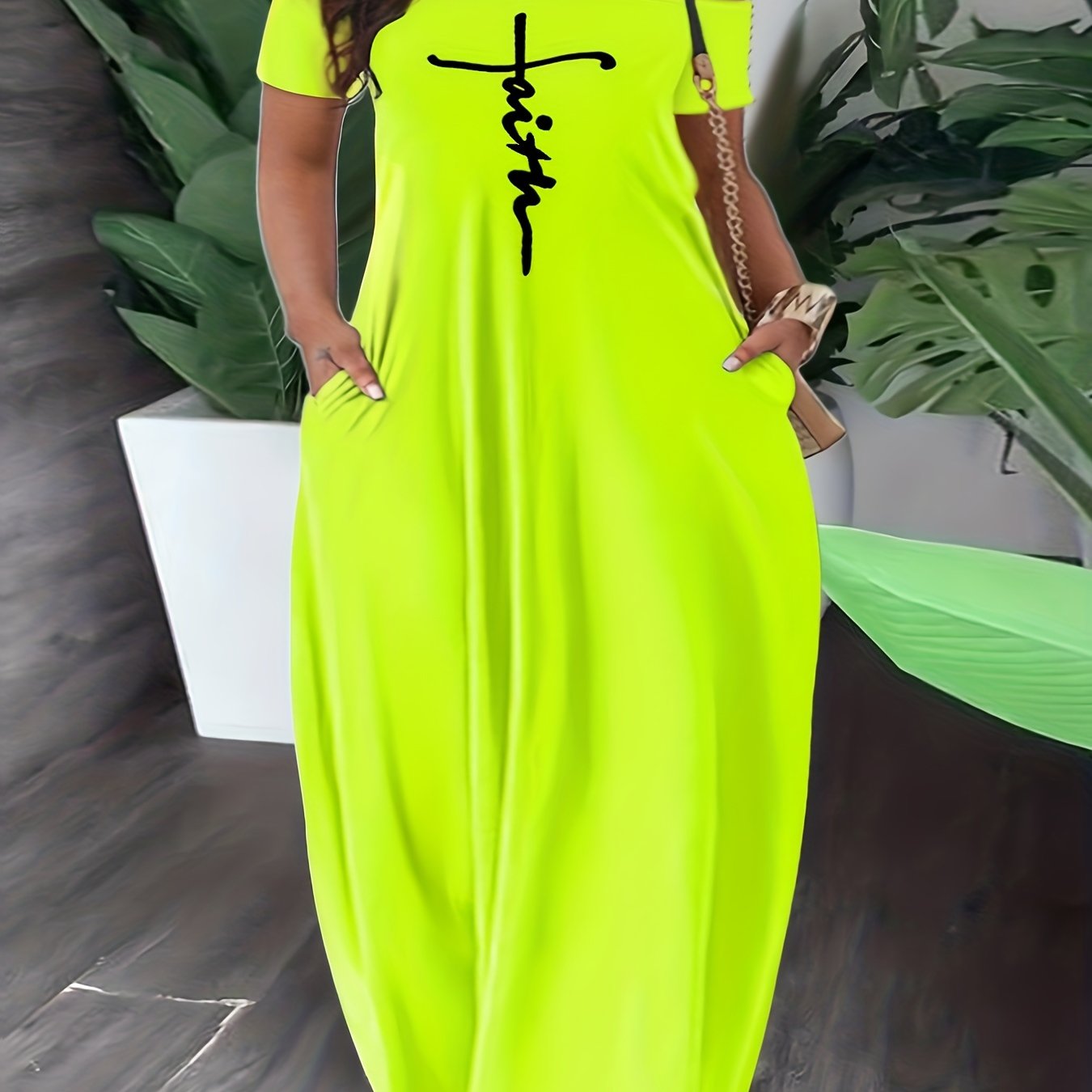 Plus Size Off-Shoulder Maxi Dress with Pockets and Cross Letter Print