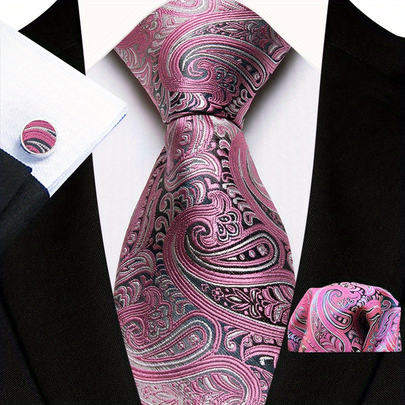 Men's Floral Plaid Necktie and Handkerchief Clip Set for Business and Weddings