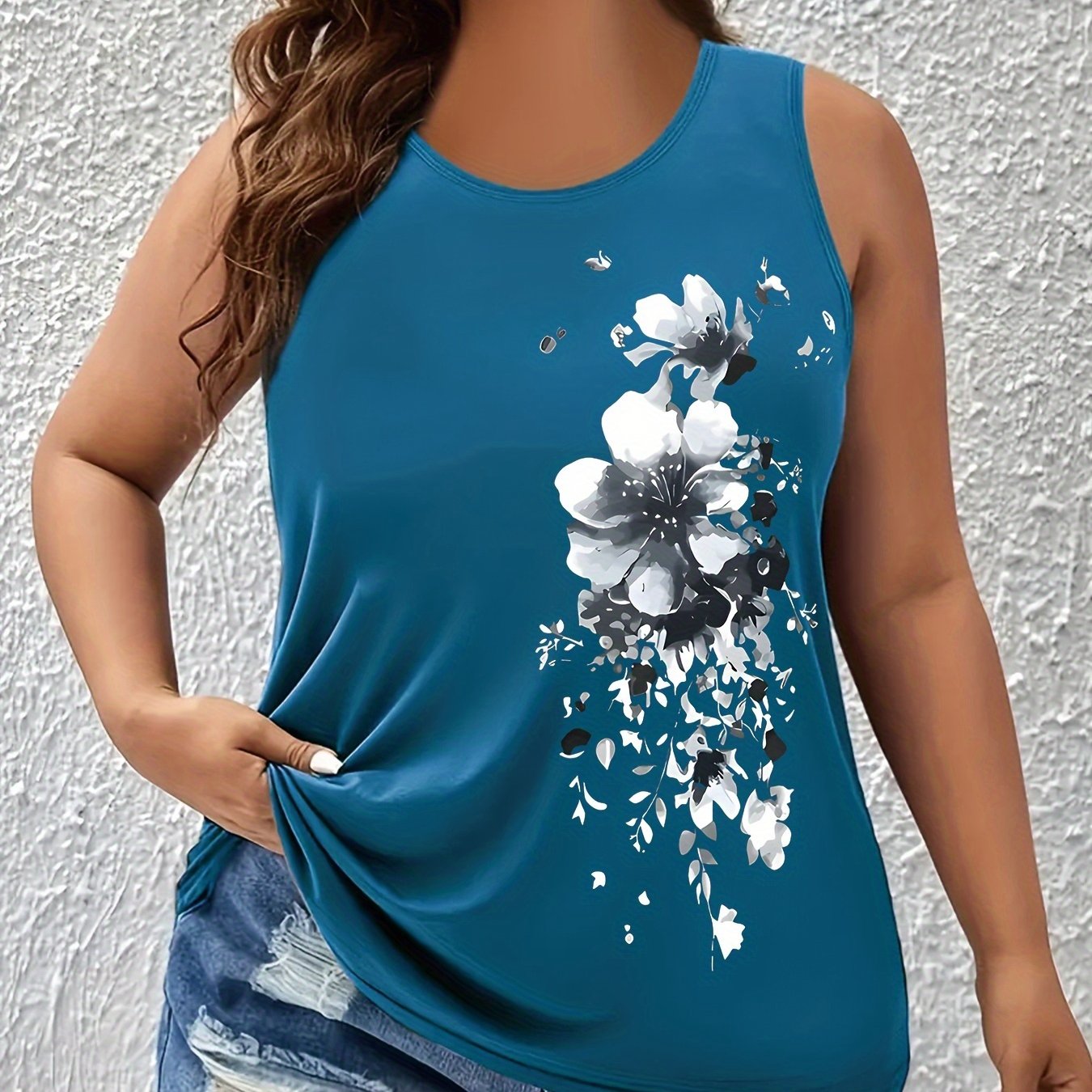 Plus Size Floral Print Tank Top for Women Summer Spring Casual Sleeveless Crew Neck