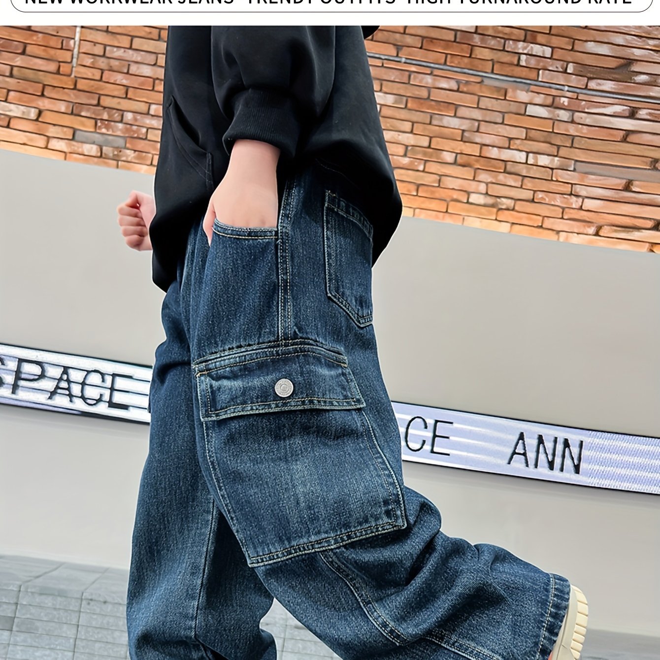 Teen Boys Cargo Pants with Elastic Waist Denim Long Length Casual Streetwear