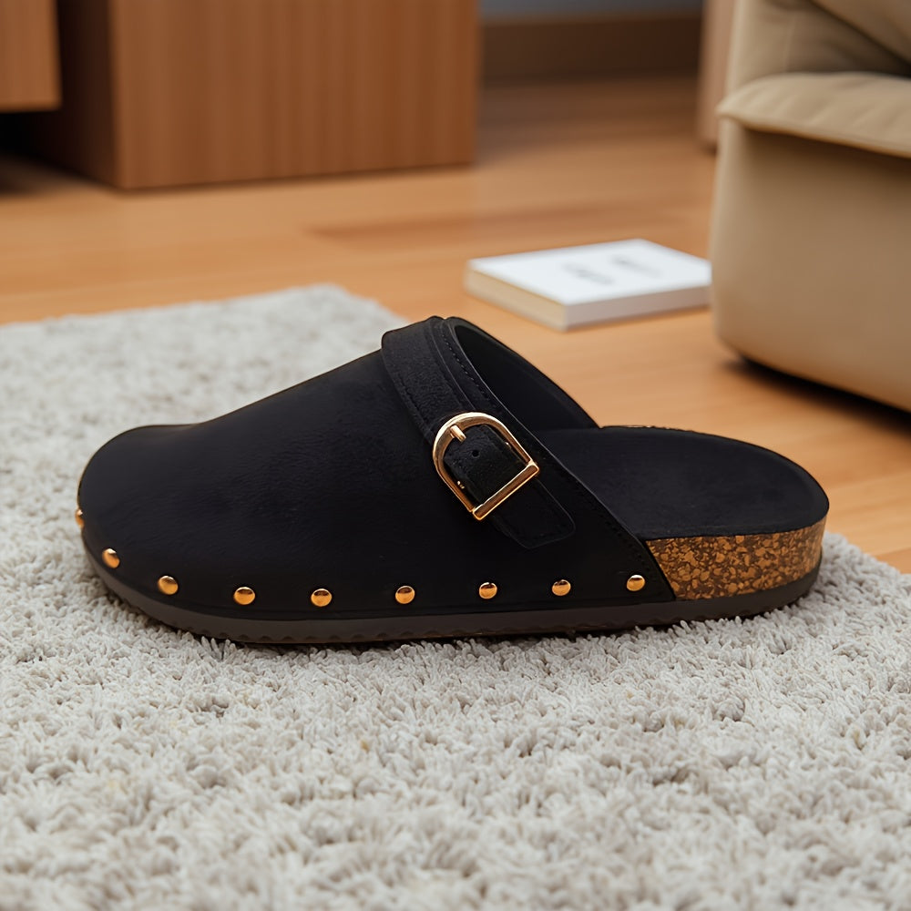 Women's Black Slip-On Closed-Toe Indoor Outdoor Slippers with Cushioned Sole