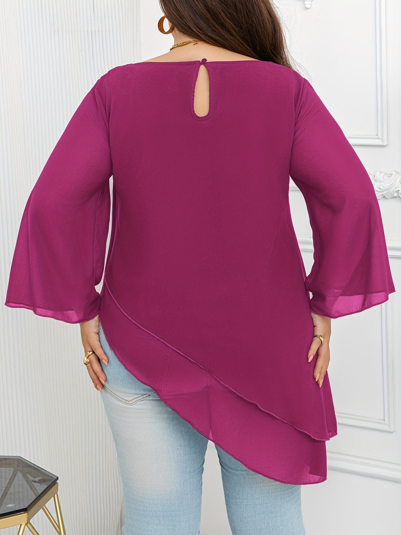 Women's Plus Size Blouse With Asymmetrical Hem Bow Ruffle Polyester Vacation Top