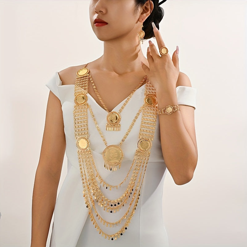 Gold-Plated Copper Jewelry Set for Women Boho-Chic Pendant Necklace and Layered Earrings