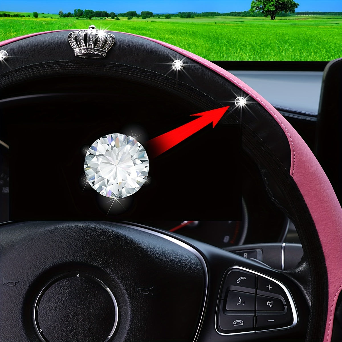 Rangli rhinestone bilan bezatilgan rul qopqog'i, yopishqoqsiz charm, 36.83-38.1 sm ga mos keladi