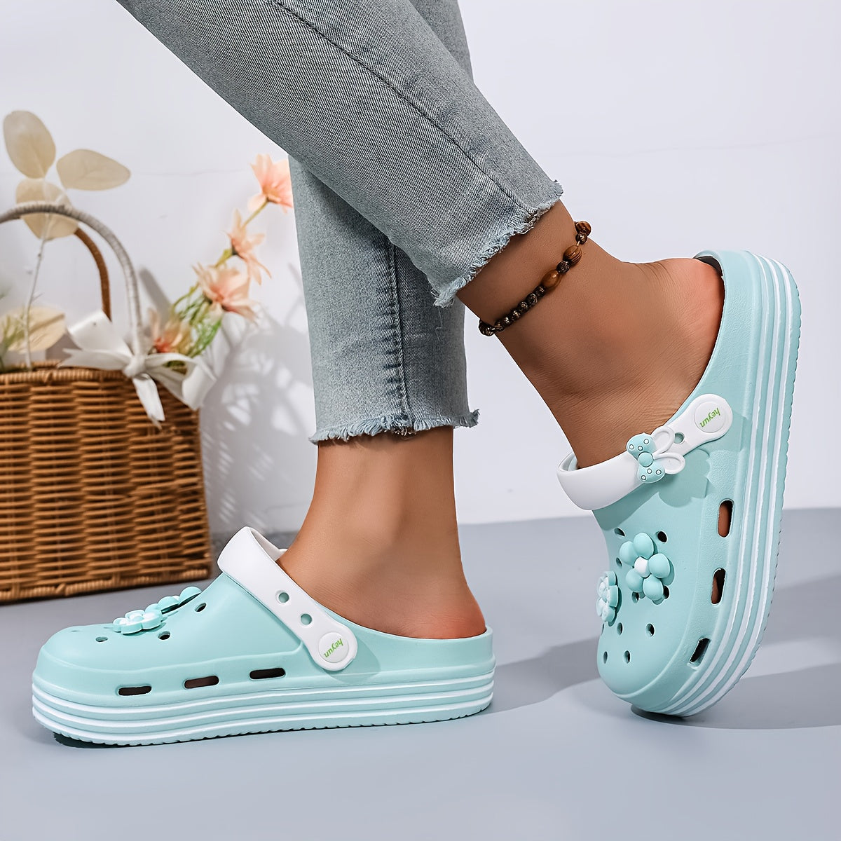 Women's Light Blue Floral Clogs with Thick Platform Breathable EVA