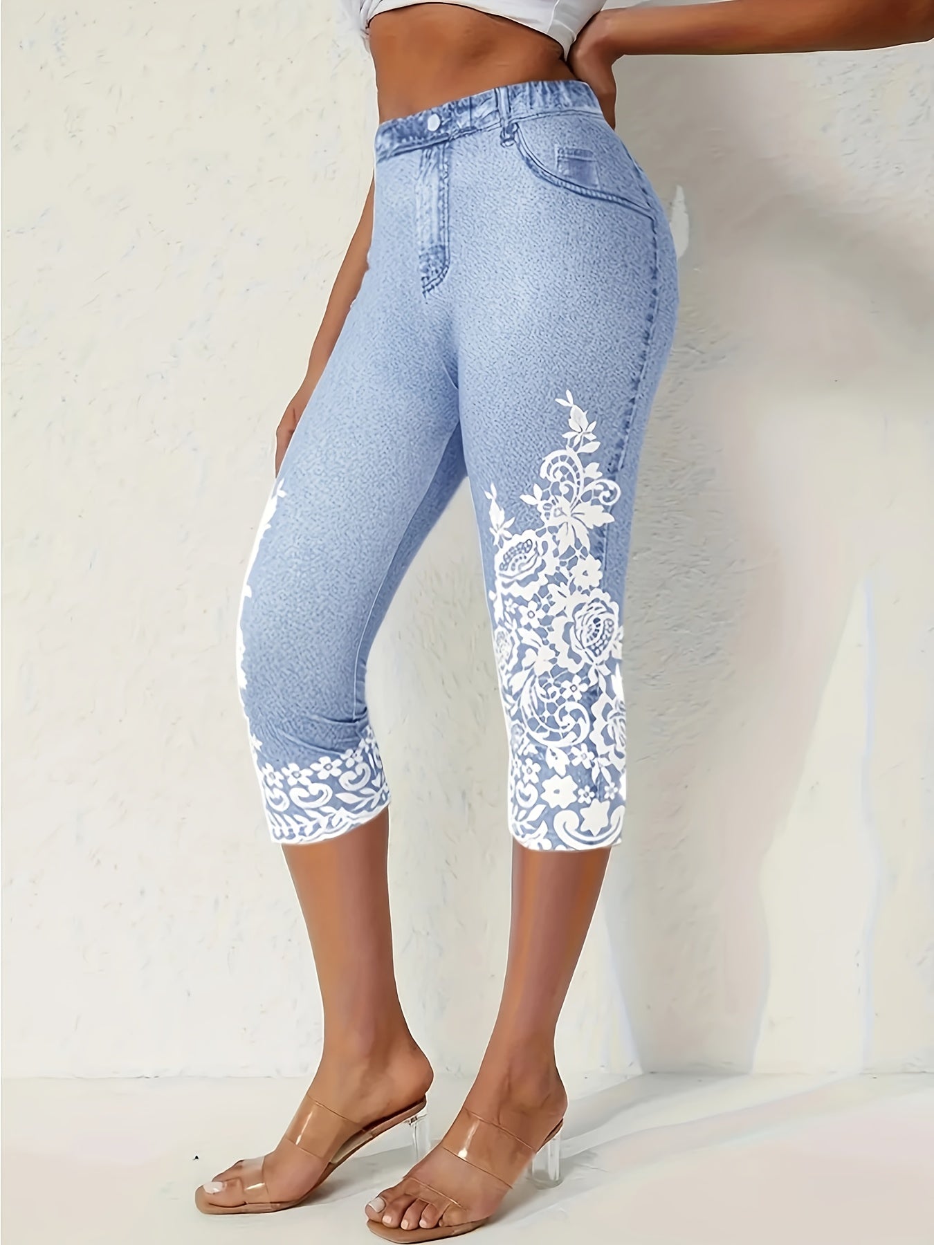Women's Plus Size Denim Printed Capri Pants Two-Piece Set