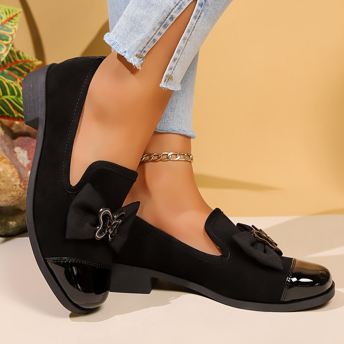 Women's Black Satin Slip-On Loafers with Bow and Block Heel
