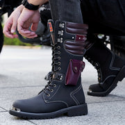 Men's High-Top Leather Motorcycle Boots with Non-Slip Soles for Outdoor and Casual Wear