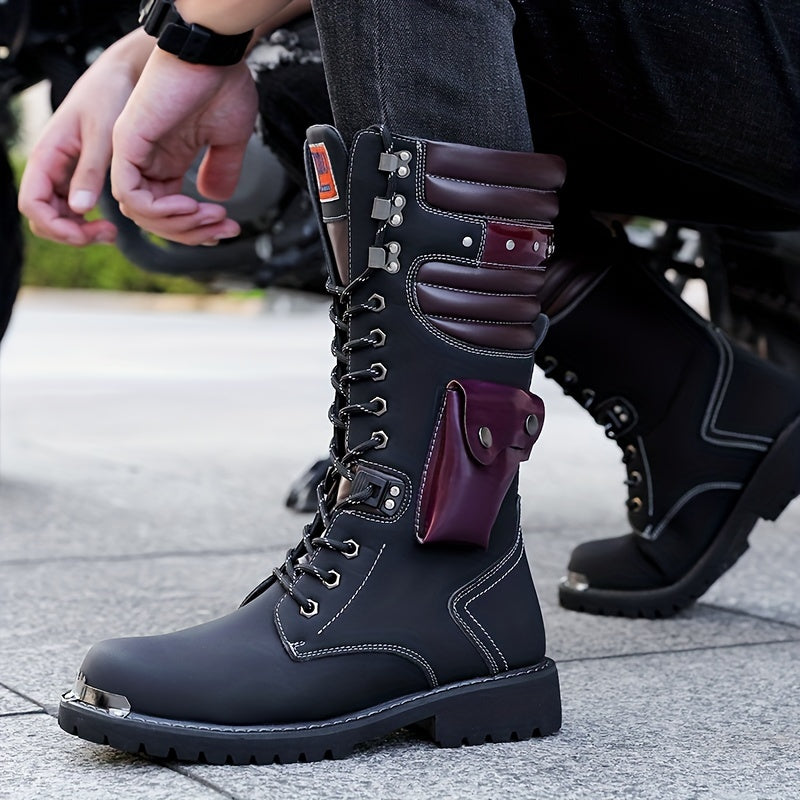 Men's High-Top Leather Motorcycle Boots with Non-Slip Soles for Outdoor and Casual Wear