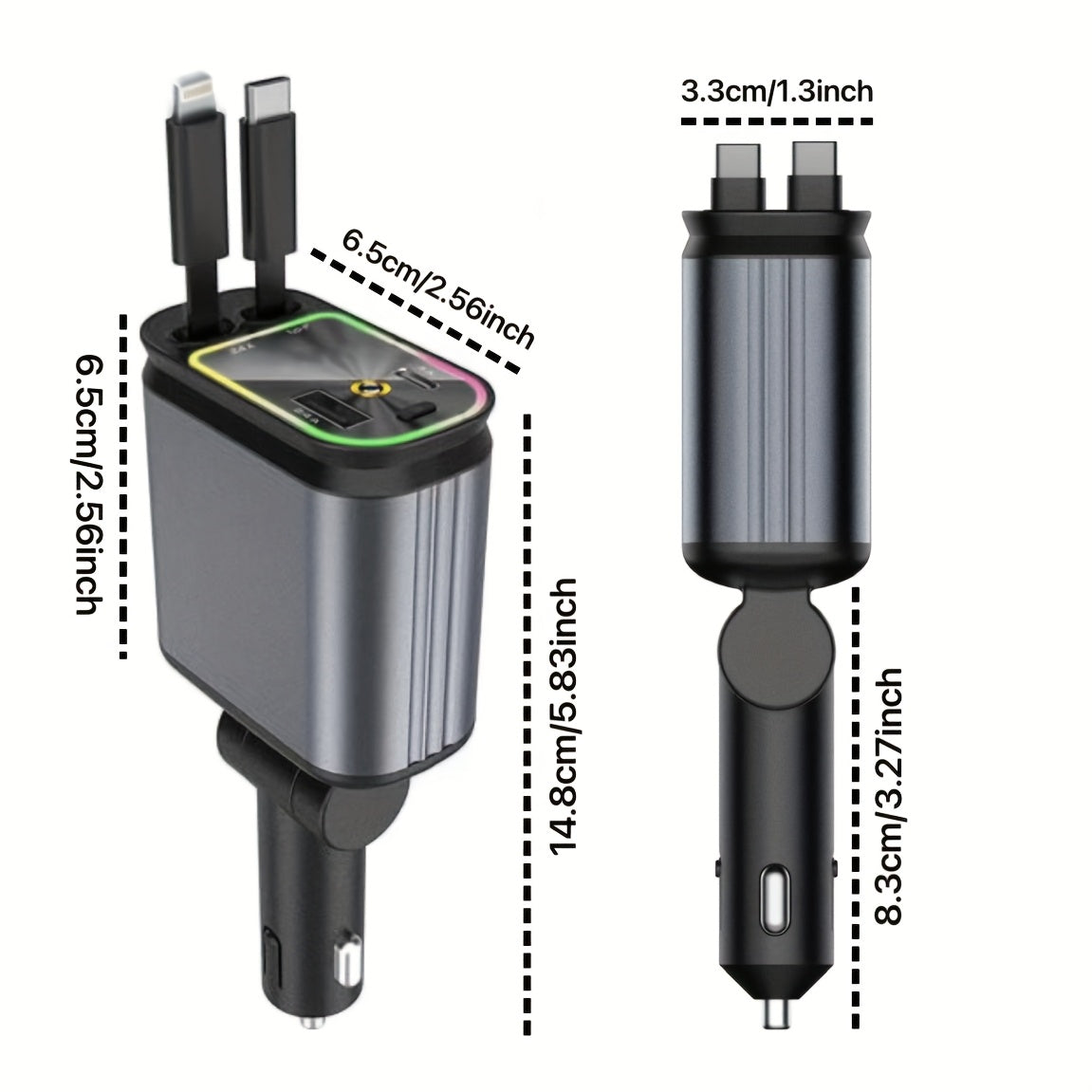 Cargador de coche 4 en 1 Universal USB-C PD QC con cable retráctil de 4 puertos