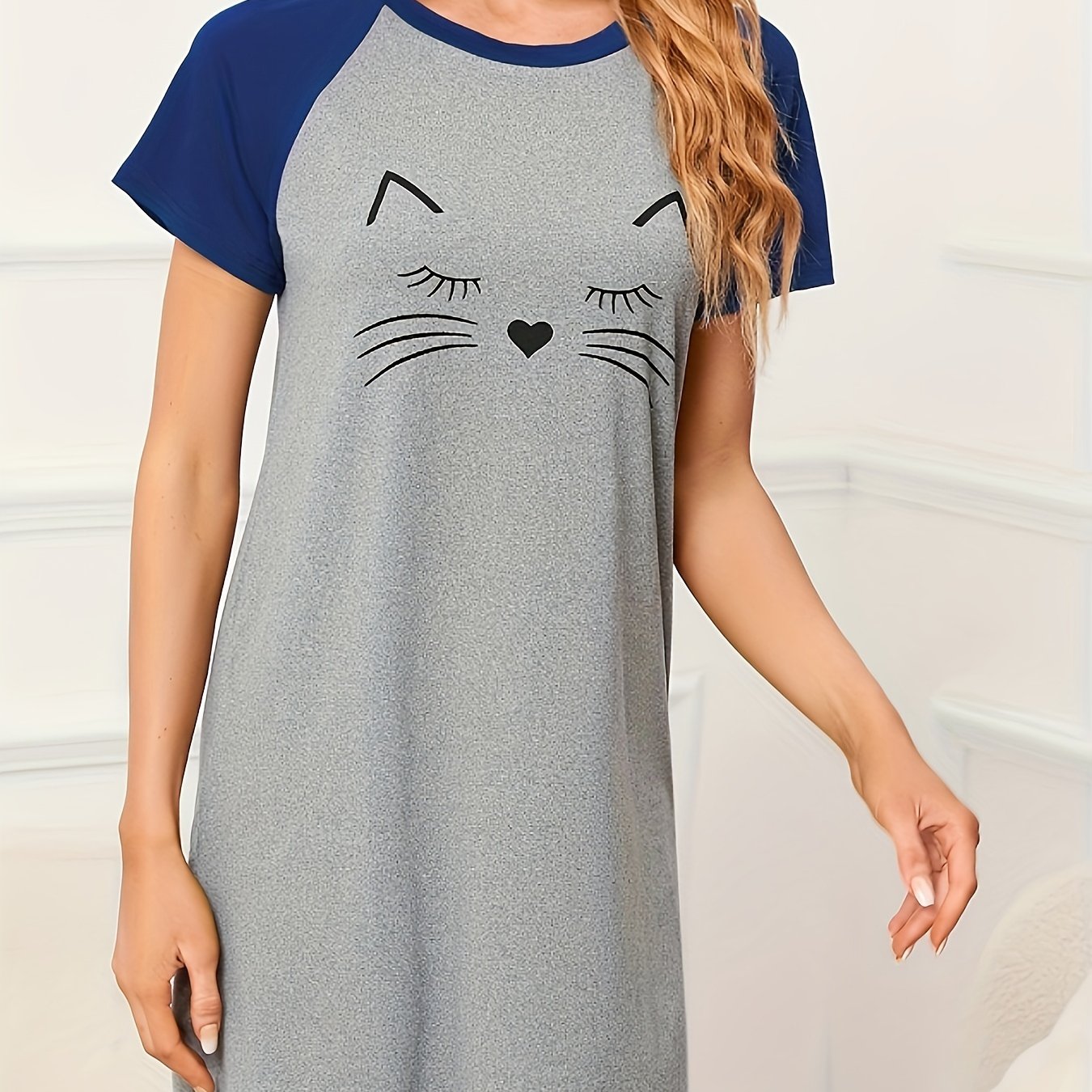 Women's Casual Dress with Playful Cat Print and Color Block Design Made of Soft Polyester Blend for All Seasons