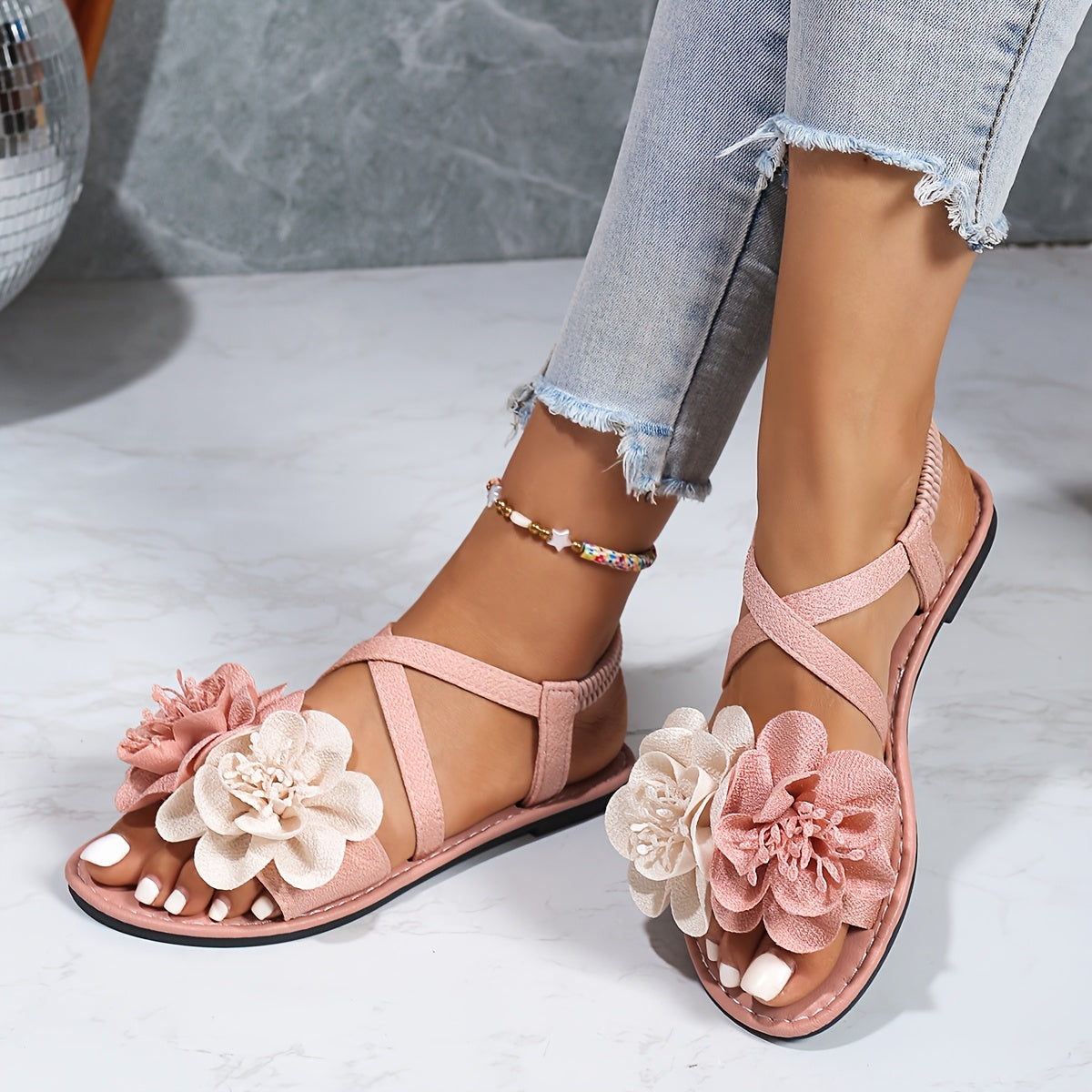 Women’s 3D Floral Cross Strap Sandals Open-Toe Slip-On Casual Formal