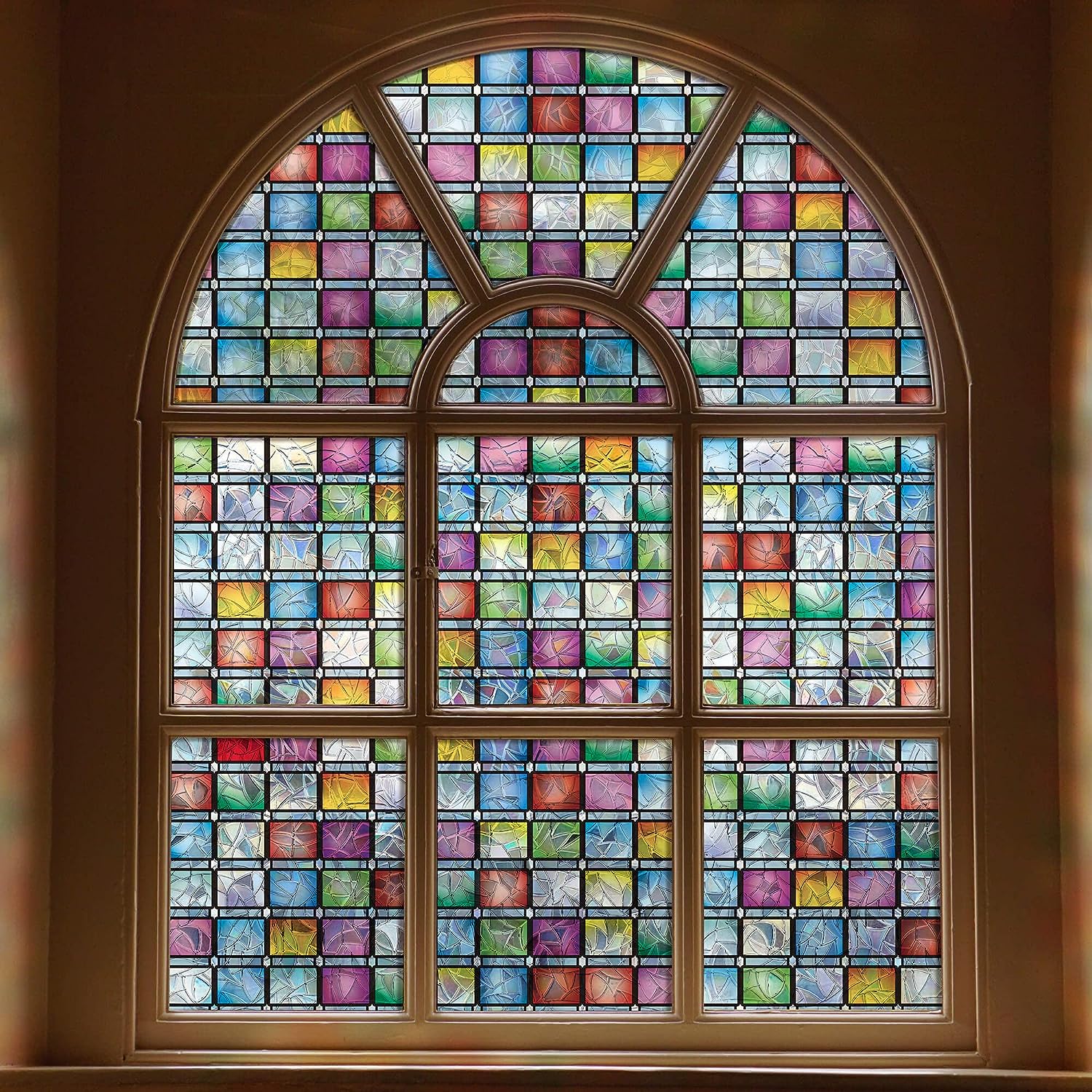 Frosted Privacy Window Film with Crescent & Diamond Pattern, Heat Control, No-Glue, Semi-Transparent, 9mil PVC