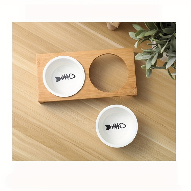 Cuencos de cerámica para gatos con soporte de bambú, plato de comida para mascotas pequeñas para gatos de interior