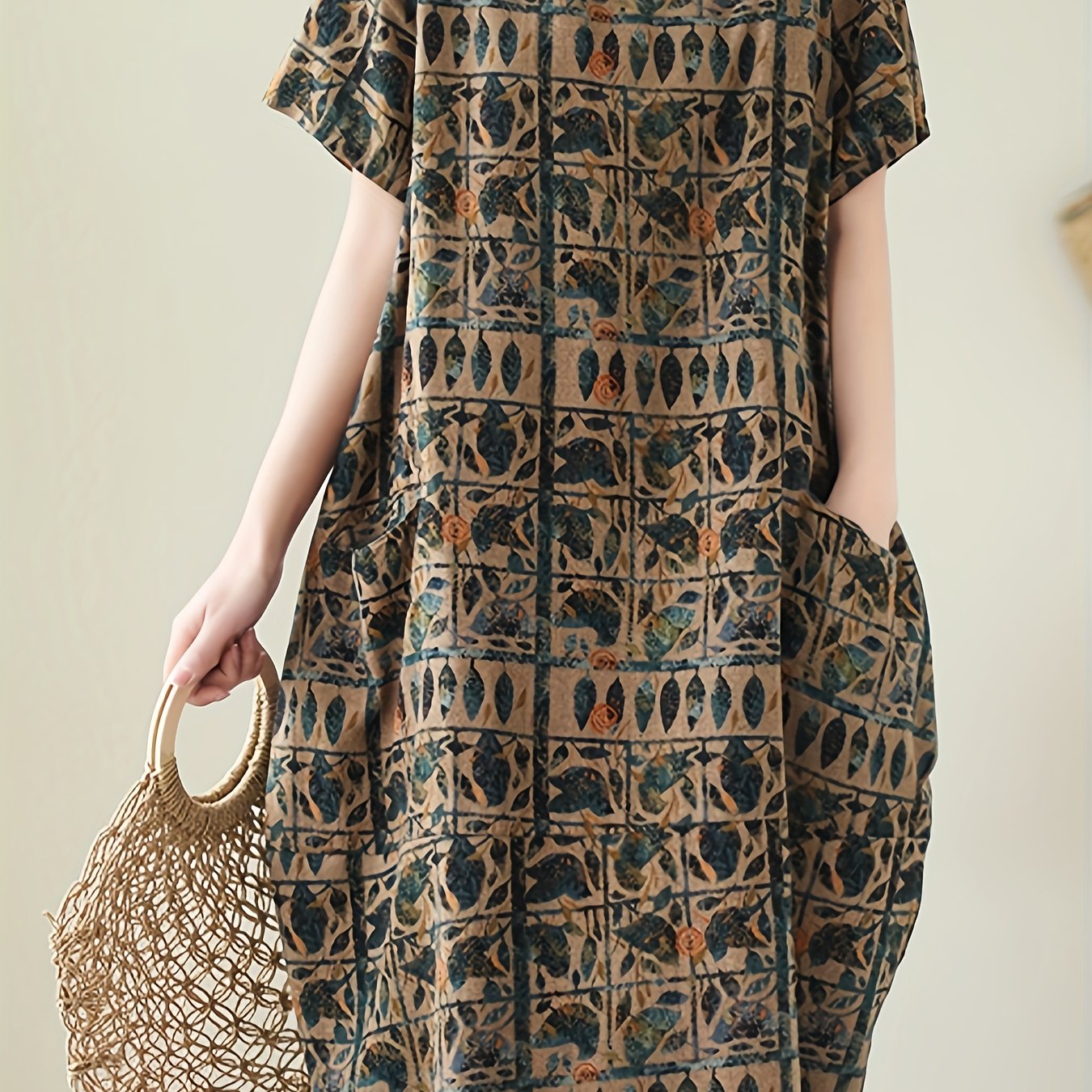 Vestido de lino para adultos de manga corta con estampado de primavera y verano y bolsillos