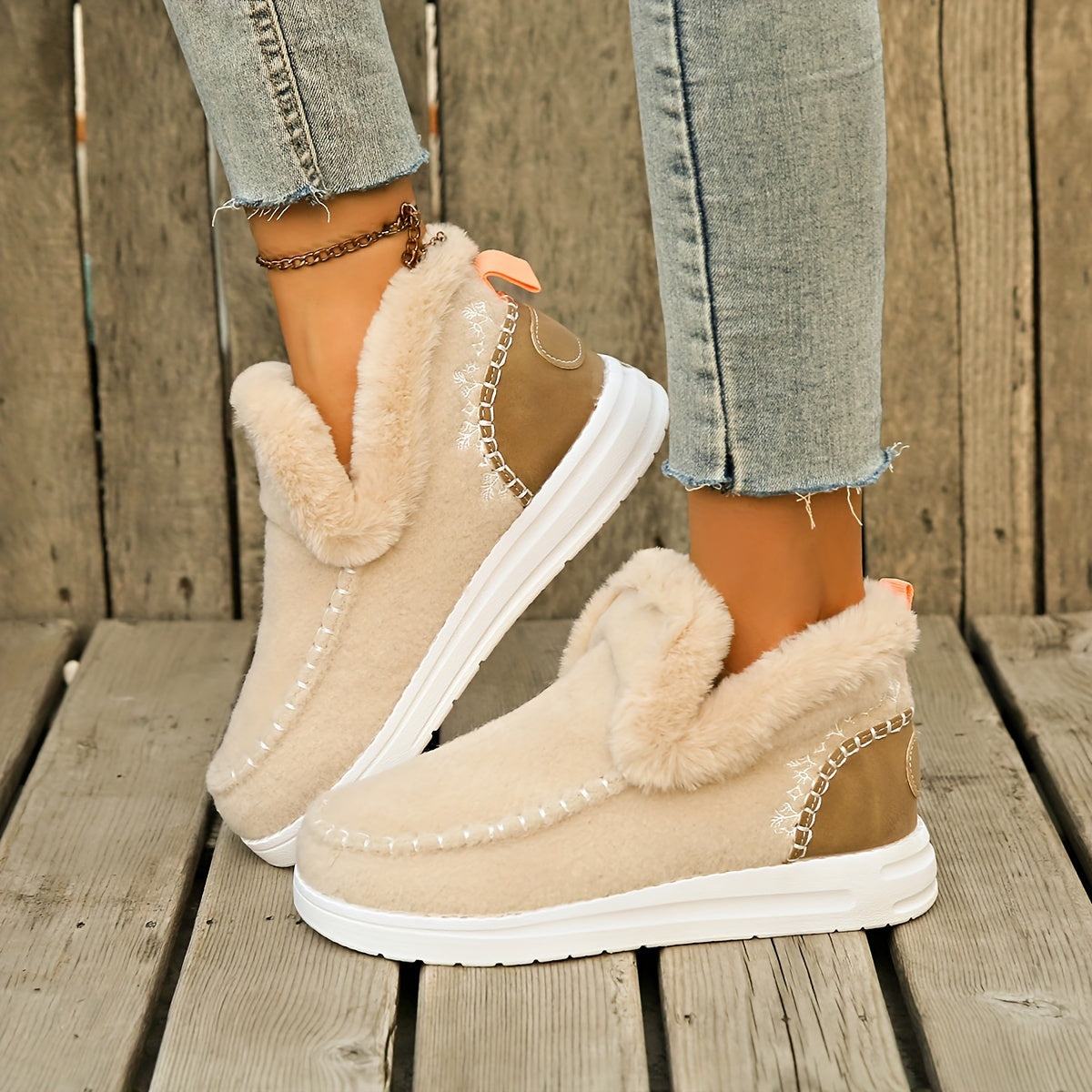 Women's Plush-Lined Ankle Boots Warm Faux Furry Casual Slip-On Shoes
