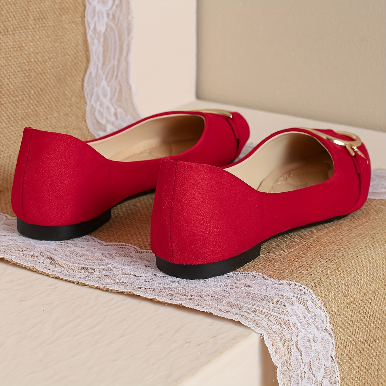 Women's Red Slip-On Flats with Pointed Toe and Buckle