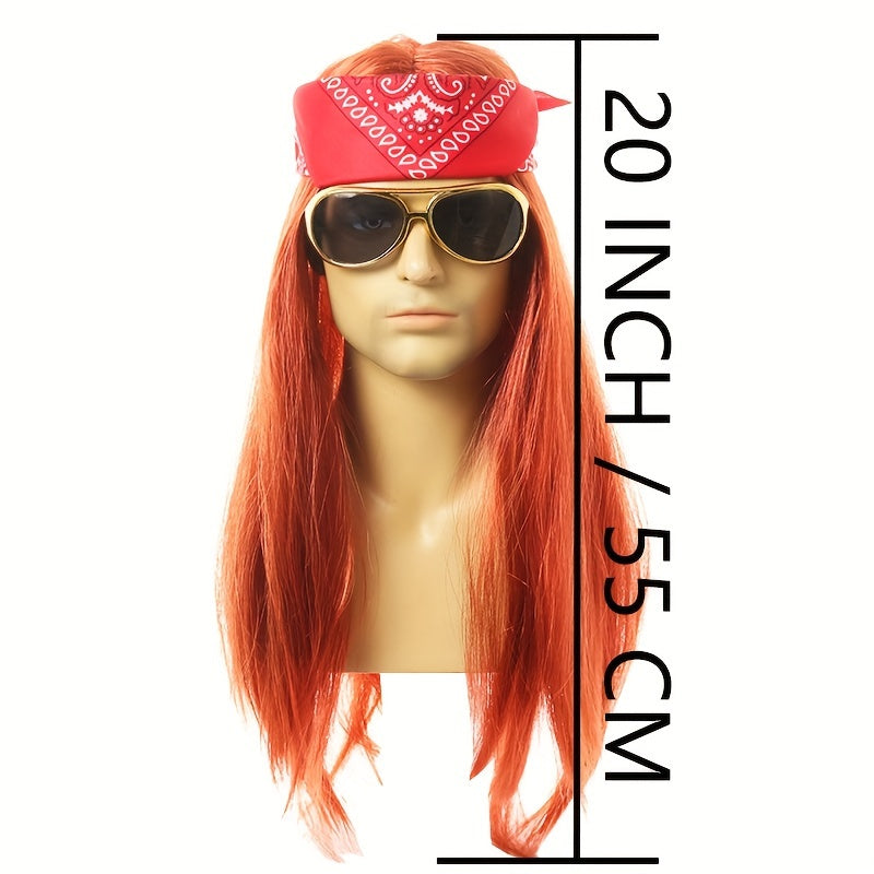 Punk Costume Wig with Straight Fiber Hair, Bandana, Glasses, Tattoo Sleeves