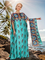 Women's Plus Size Bohemian Long Shirt Dress with Batwing Sleeves and Geometric Print