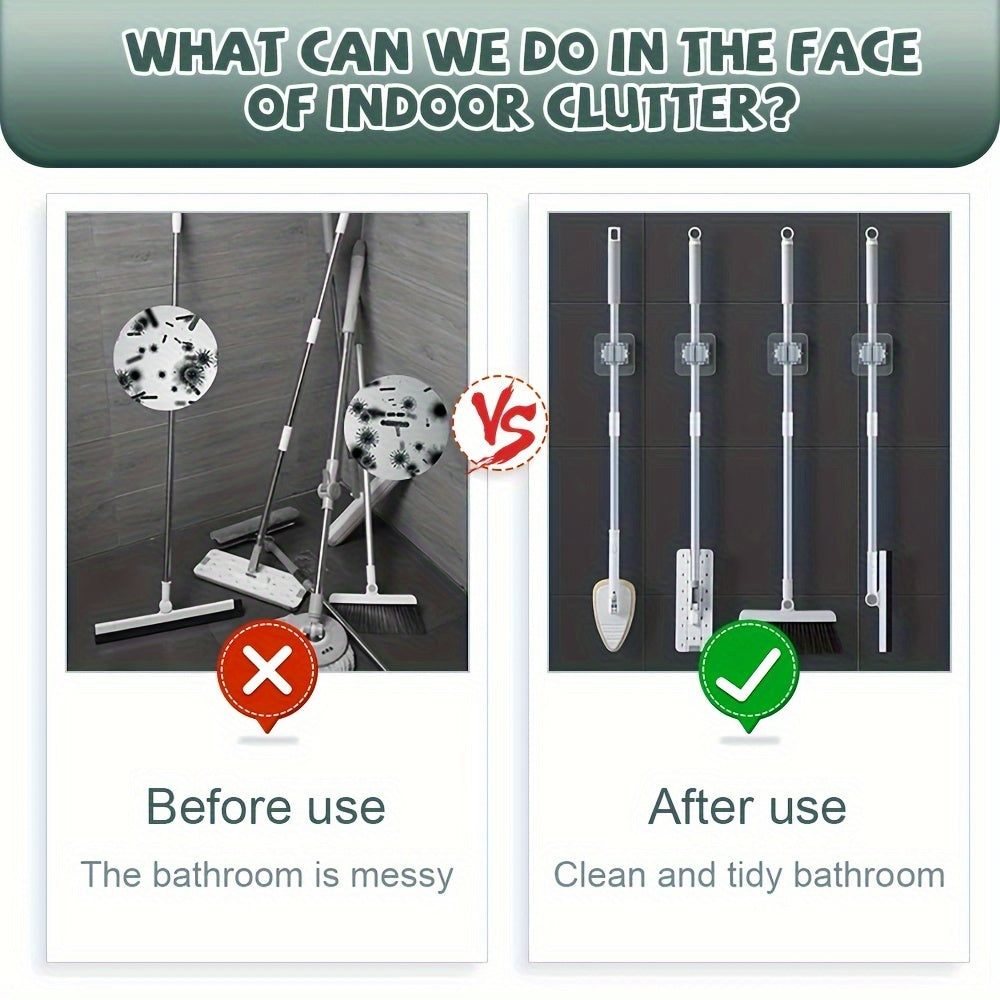 Soporte de pared blanco para trapeador y escoba con múltiples ganchos de plástico para almacenamiento en cocina y baño