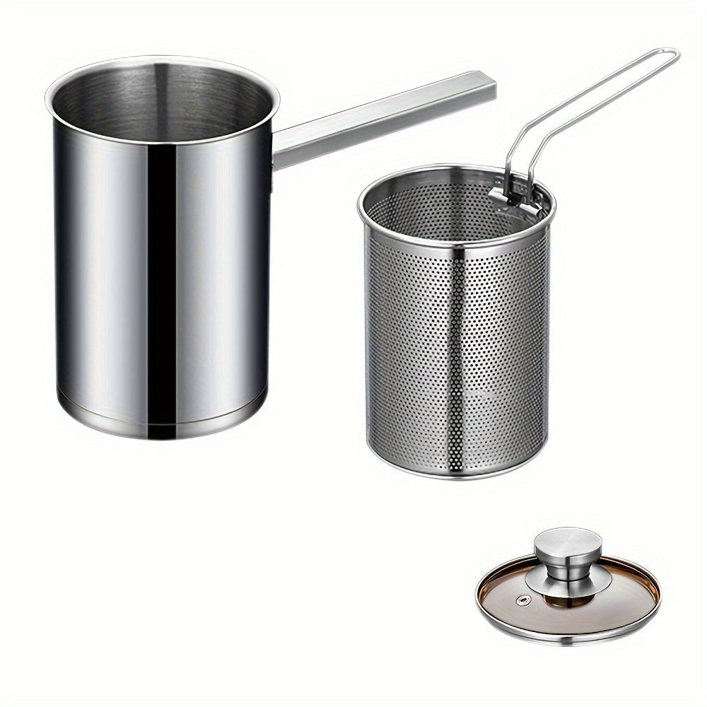 304 Stainless Steel Deep Fryer Pot with Strainer Basket and Foldable Handle