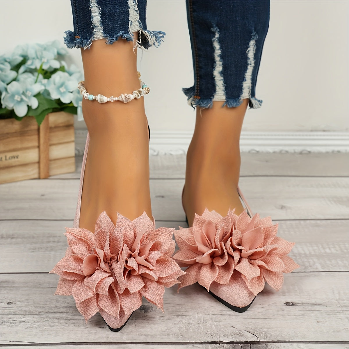 Women's Black Fabric Flat Sandals with Double Flower Embellishment