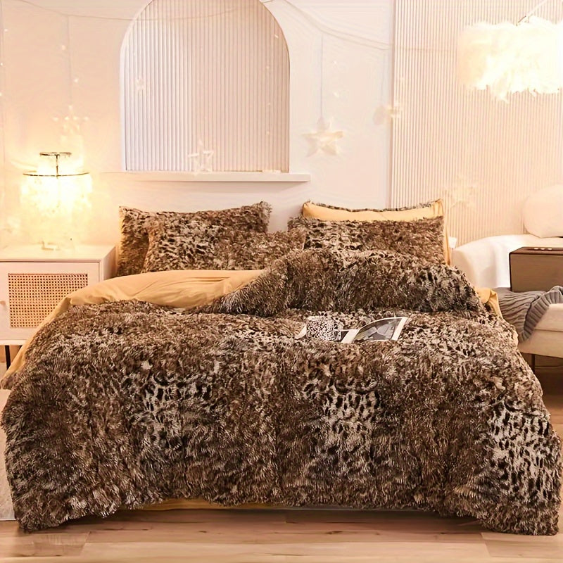 Conjunto de funda nórdica de felpa con estampado de leopardo, 3 piezas, ropa de cama de piel sintética, patrón animal, decoración de dormitorio