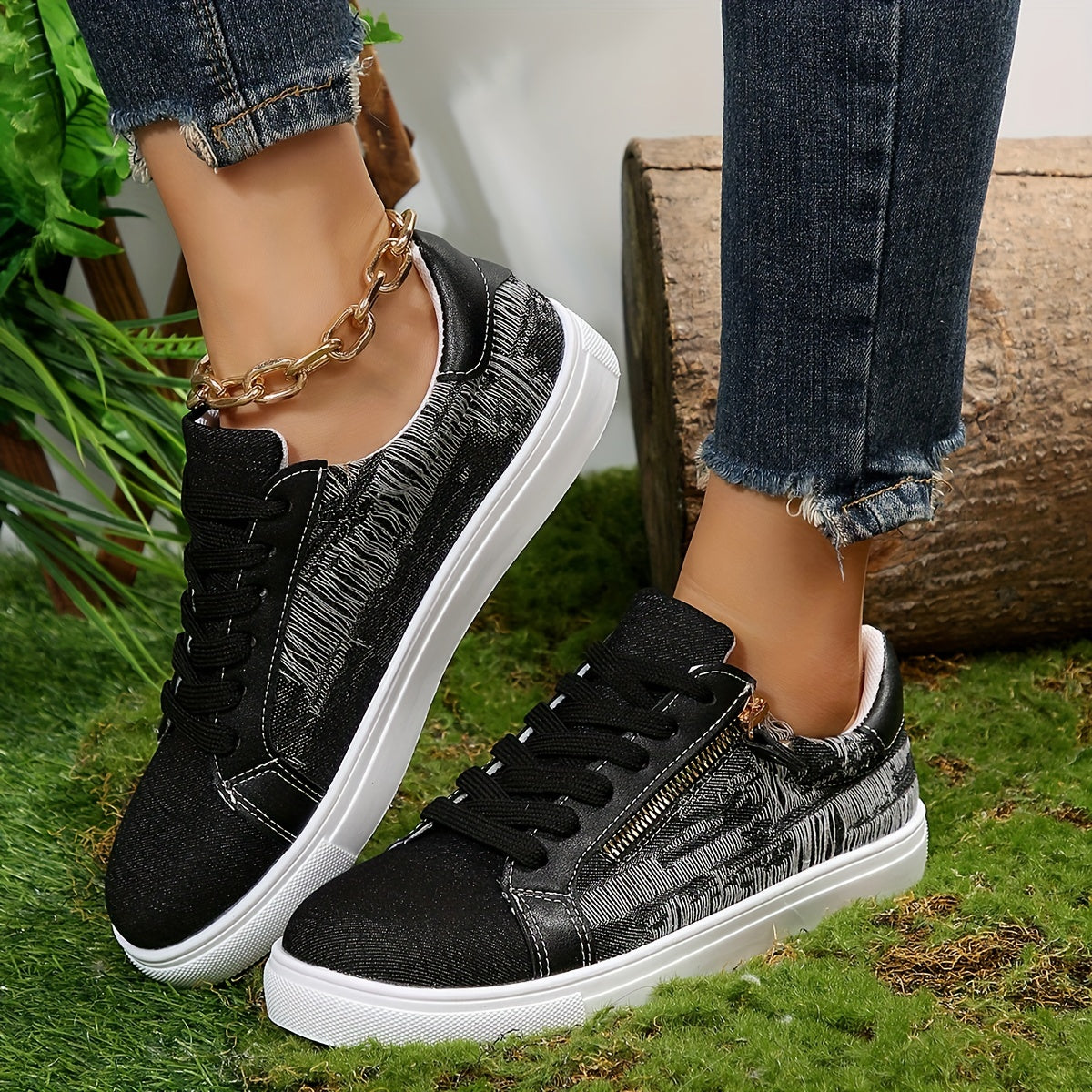Women's Denim Flat Sneakers Casual Lace-Up Low Top Skate Shoes