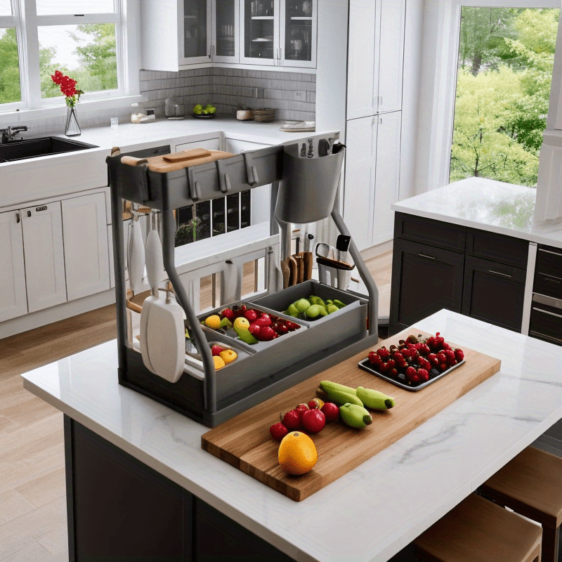 Joyni tejovchi oshxona va hammom uchun tashkil etuvchi rack, tortib chiqariladigan idish-tovoq qutisi bilan