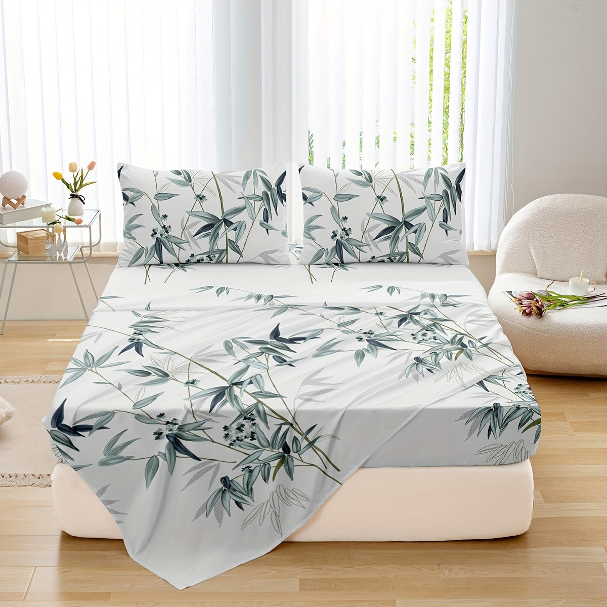 Conjunto de ropa de cama con estampado de hojas de bambú transpirable que incluye sábanas planas y ajustables, fundas de almohada, 4 piezas