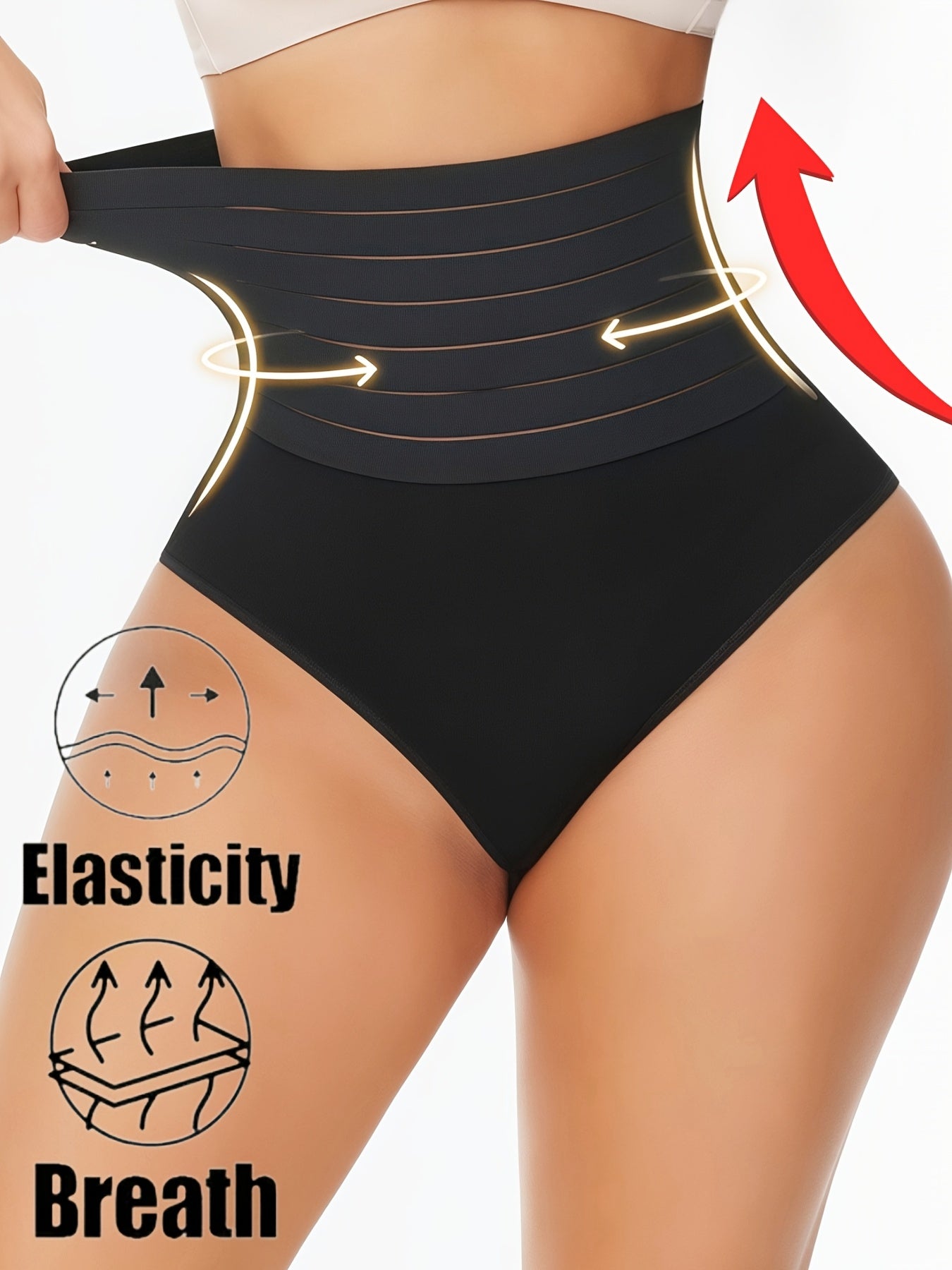 High-Waist Tummy Control Shapewear Panties for Women Black Breathable Nylon Elastane