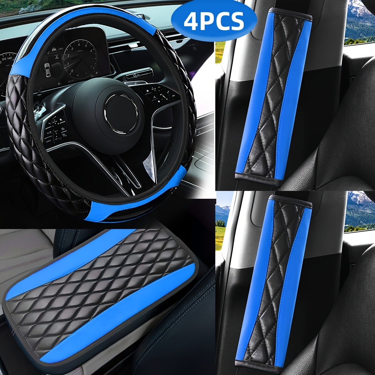 Juego de interior de coche de fibra de carbono para unisex incluye cubierta de volante, cubierta de cinturón de seguridad y almohadilla de reposabrazos