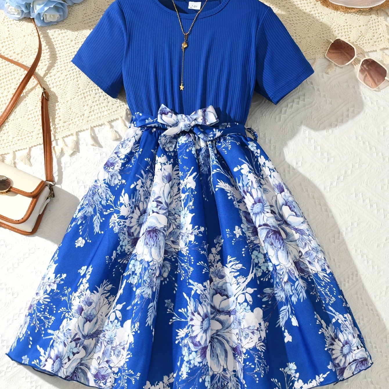 Girls Summer Blue Floral Spliced Knee High Dress with Belt and Short Sleeves