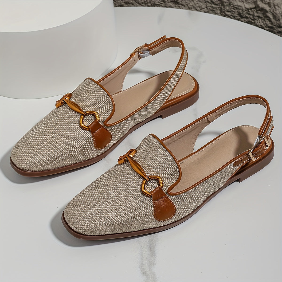 Women's Brown Linen Square Toe Summer Sandals with Metal Buckle